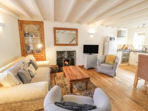 a living room with two couches and a fireplace at Ty Gwyn in Aberdyfi