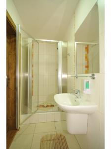 La salle de bains blanche est pourvue d'un lavabo et d'une douche. dans l'établissement Apartmánová Chalupa, à Liptovský Trnovec