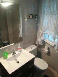 a bathroom with a sink and a toilet and a mirror at Piso de Verano in O Grove