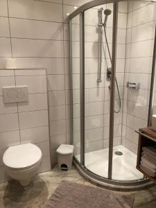 a bathroom with a shower and a toilet at Haus Lydia in See