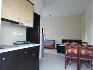 a kitchen and a living room with a table and chairs at Art Apartments in Ksamil