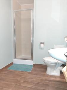 a bathroom with a shower and a toilet and a sink at Mieszkanie na Krótkiej in Stronie Śląskie