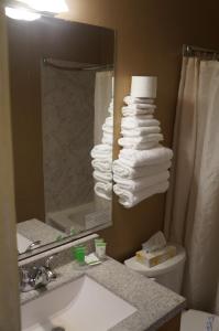 a bathroom with a stack of towels on a toilet at Westward Inn & Suites in Langley