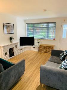a living room with a couch and a flat screen tv at Spacious House, Free Parking & Patio Garden in Farnham