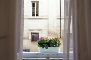 un vaso di fiori seduto sul davanzale di una finestra di Roma Deluxe Apartments a Roma