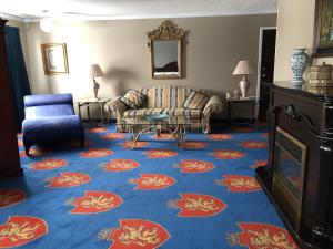 a living room with a couch and a blue carpet at South Hill Lodge in Prince Albert