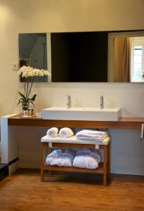 a bathroom with a sink and a shelf with towels at Château La Thuilière in Saint-Front-de-Pradoux