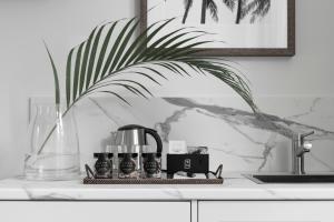 eine Küchentheke mit einer Kaffeekanne und einer Pflanze in der Unterkunft St Marks Randwick in Sydney