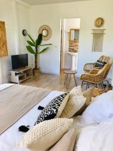 ein Schlafzimmer mit einem Bett mit Kissen darauf in der Unterkunft Kaz et Palmiers in Saint-François