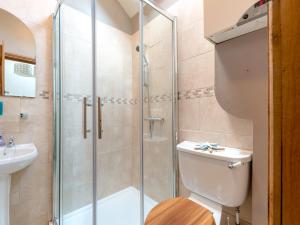 a bathroom with a shower and a toilet and a sink at Old Town Cottage in Ludlow +4 photos