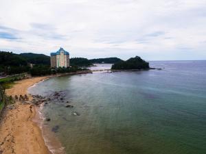 una vista aerea di una spiaggia con un edificio alto di Kumgangsan Condo Sokcho a Goseong