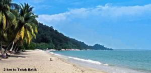 a beach with palm trees and the ocean at Yellow Cube at Lumut Cube Homestay Kontena in Lumut