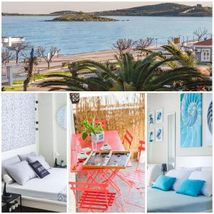 a collage of pictures of a room with a view of the ocean at Sea Breeze Vibes in Nea Peramos