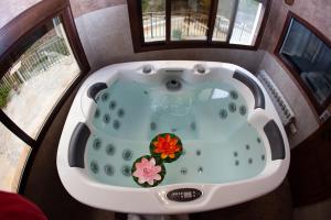 Laroya的住宿－皮卡西奧鄉村旅館，享有带鲜花的浴缸的空中景致