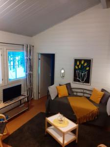 Lomakylä Atimo في Alakitka: غرفة معيشة مع أريكة وتلفزيون