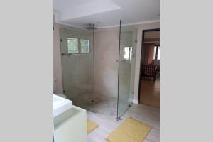 baño con ducha y puerta de cristal en April House en Howick