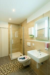 a bathroom with a toilet and a sink and a shower at Hotel Pension Dahlem in Berlin