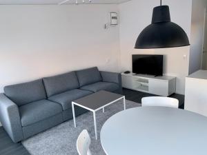 ein Wohnzimmer mit einem blauen Sofa und einem Tisch in der Unterkunft Private Chalet with Sauna in Kiruna