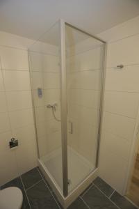 a glass shower in a bathroom with a toilet at Galeria Airport Hotel in Mörfelden-Walldorf