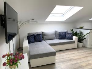a living room with a couch and a skylight at Prime Host apartments in Karlsruhe