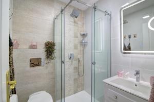a bathroom with a shower and a toilet and a sink at Dida moj in Senj