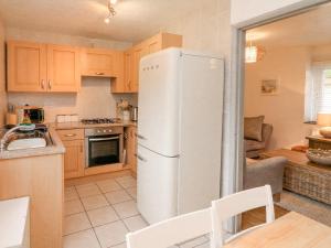 a kitchen with a white refrigerator in a room at Kingfisher Cottage in Ilfracombe