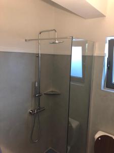 a shower with a glass door in a bathroom at Aloni Studios and Apartments in Lassi