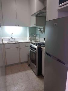 Una pequeña cocina con estufa y fregadero. en DEPARTAMENTO CENTRO PENÍNSULA, en Punta del Este