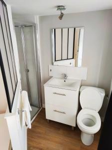 a white bathroom with a toilet and a sink at Charmant duplex 2 pièces hypercentre de Granville in Granville