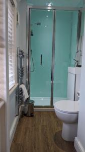 a bathroom with a glass shower and a toilet at Ebor Lodge in Eastbourne +38 photos