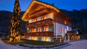 a large building with christmas lights in front of it at Apartments in Villa Flora in Kranjska Gora
