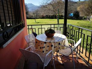 a table with a potted plant on a balcony at La Casina in Sevares