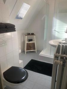 a bathroom with a black toilet and a sink at La Nostra casa in Alblasserdam