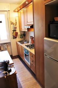 ミラノにあるParsifal Apartmentのキッチン(木製キャビネット、ステンレス製の冷蔵庫付)