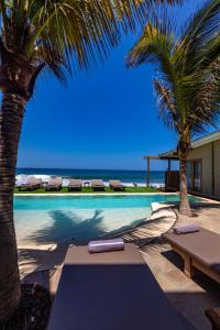 a swimming pool with two palm trees and the ocean at Adobe Villas in Máncora