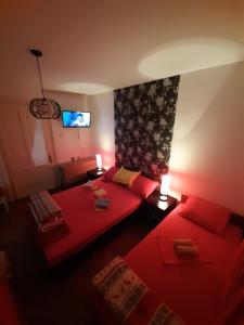 a room with two beds and a flat screen tv at Apartmani LolaNola in Vrnjačka Banja
