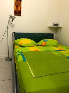 a green bed with green sheets and pillows on it at Vacances chez HélèneB Sublimes Vacances in Sainte-Anne