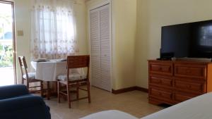 a living room with a dining room table and a tv at Manuae House of Birds 1 in Cliftons