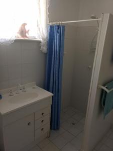 a bathroom with a sink and a shower with a blue shower curtain at Seafront Shack in Port Hughes