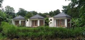 a pair of houses in a field of grass at Segara Healing Villa in Kintamani