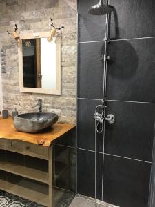 ラ・サル・レ・ザルプにあるAmbiance petit chaletのバスルーム(シンク、シャワー付)