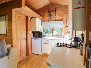 a kitchen with a white refrigerator and a microwave at The Log Cabin in Kilmore