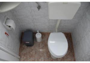 ein kleines Bad mit WC und Mülleimer in der Unterkunft Kardoulis Rooms in Triovasálos