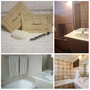 uma colagem de fotos de uma casa de banho com um lavatório e um espelho em Park Hotel Bethlehem em Bethlehem