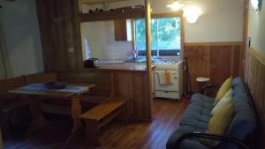 salon z kanapą i stołem oraz kuchnią w obiekcie Cabaa Hualle con hot tub exclusivo cerca de termas y lago w mieście Coñaripe +20 zdjęć