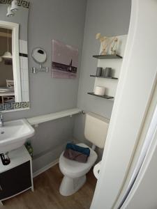 a bathroom with a white toilet and a sink at Haus Strandburg Amrum in Wittdün