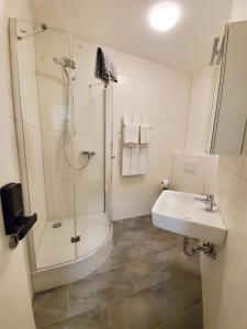 W łazience znajduje się prysznic i umywalka. w obiekcie Zimmervermietung Sanderstrasse w mieście Würzburg