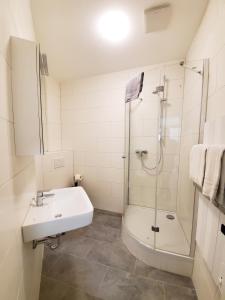 biała łazienka z umywalką i prysznicem w obiekcie Zimmervermietung Sanderstrasse w mieście Würzburg