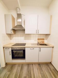 a kitchen with white cabinets and a stove and a sink at Zimmervermietung Sanderstrasse in Würzburg