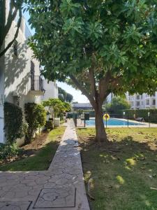 drzewo obok chodnika obok budynku w obiekcie Benamara Gardens, Apartment with Pool, 100m from Beach near Marbella & Estepona w mieście Estepona